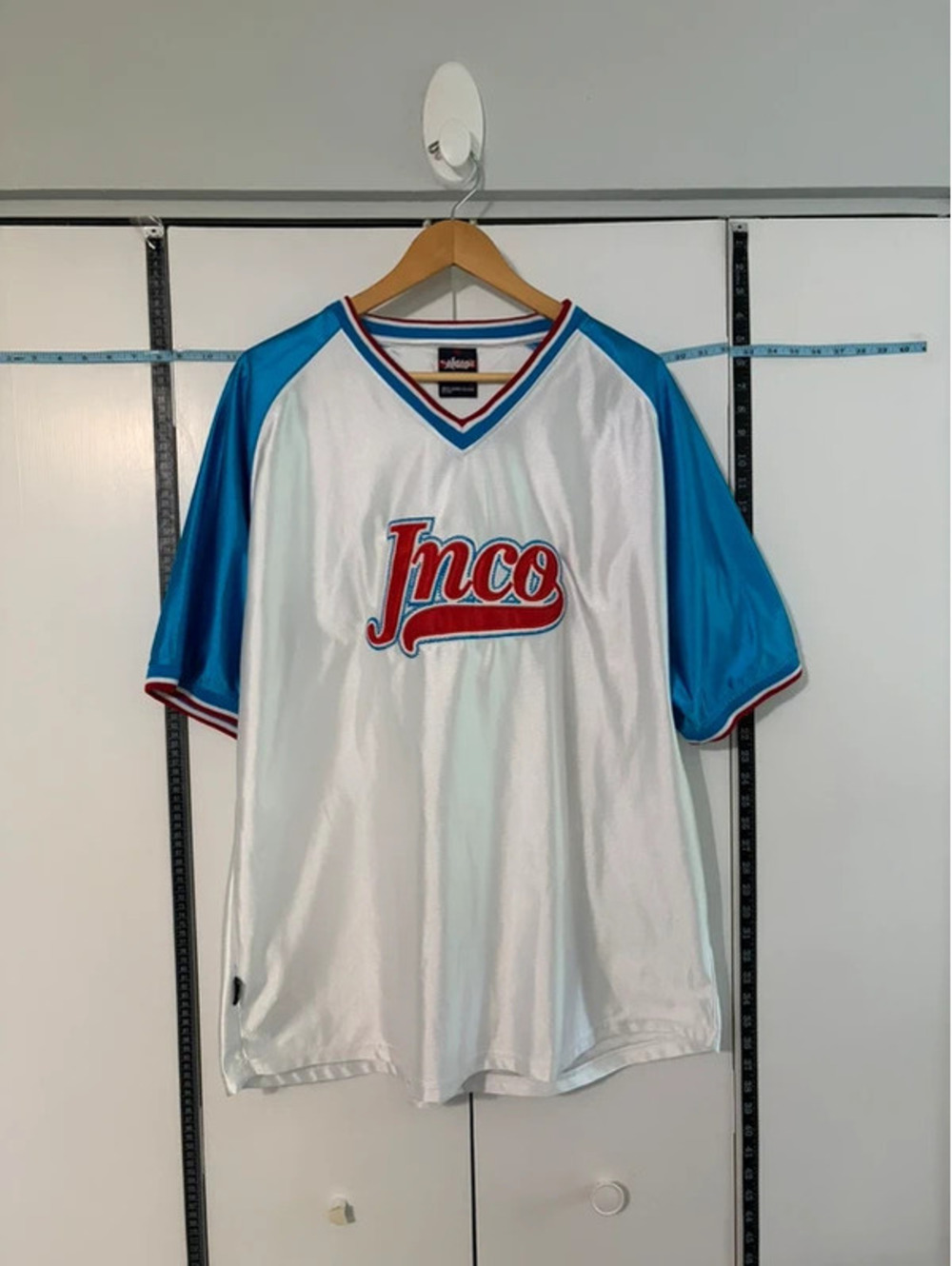 JNCO Sport Dazzle Y2K Jersey XL White Blue Red Embroidered Logo 90s